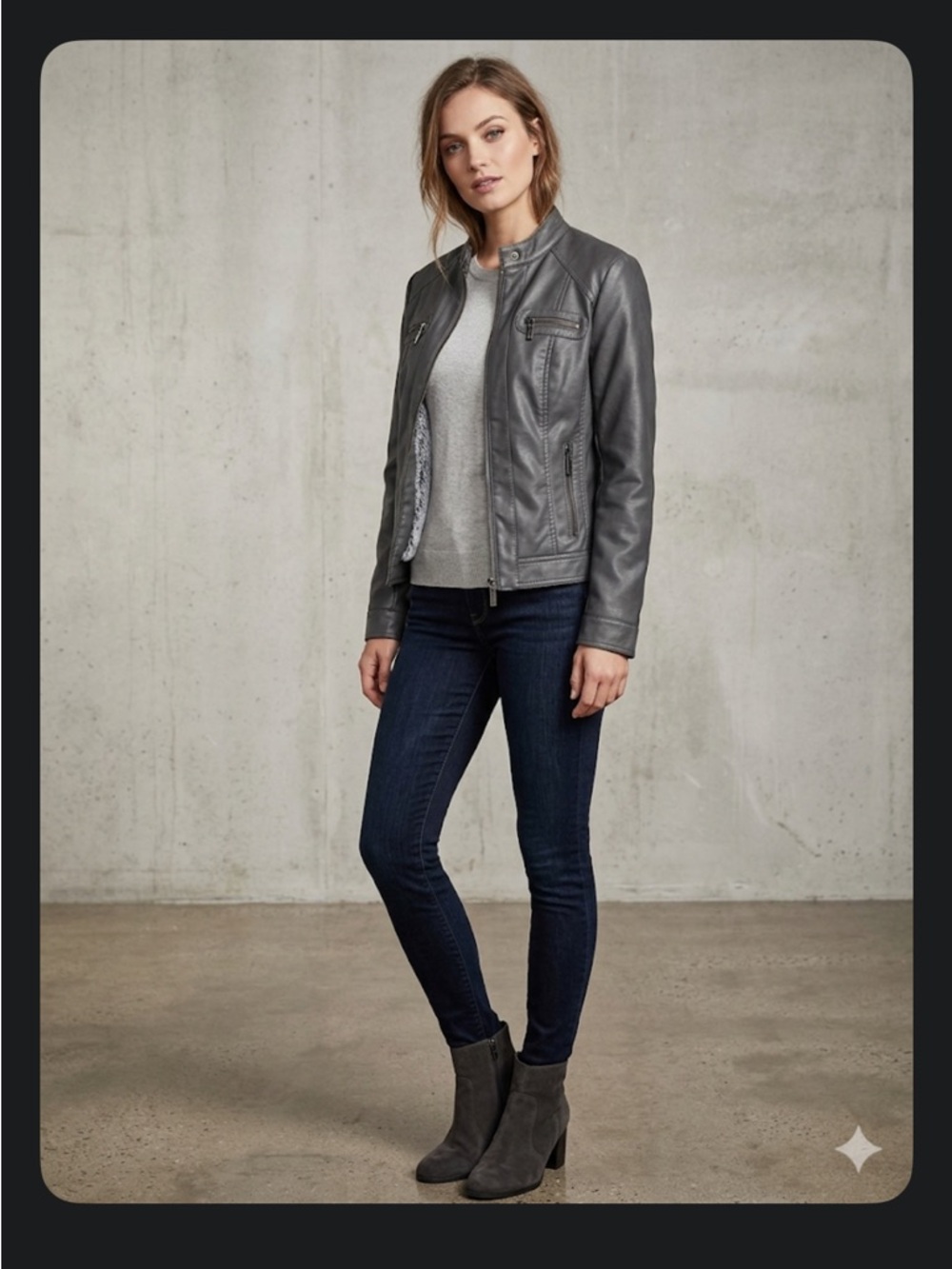 JouJou Gray Faux Leather Moto Jacket Sherpa Lined Zip Pockets M‎